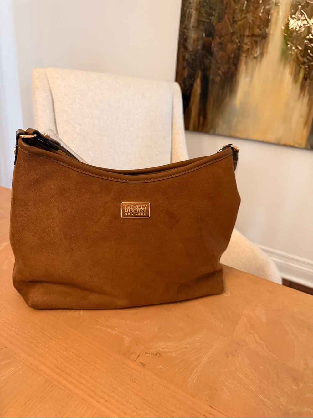 Badgley Mischka Tan Suede Shoulder Bag with Gold Plaque